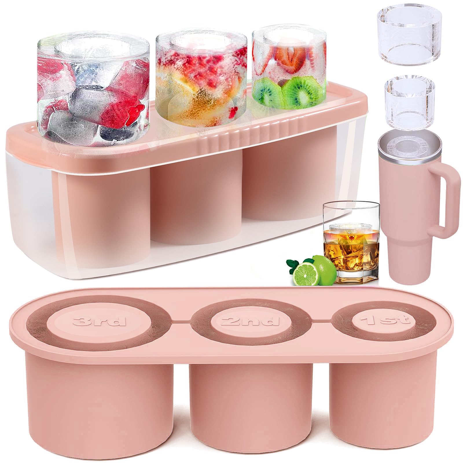 Ice Mold for Stanley Cup: Pink Silicone Ice Cube Tray for 40oz Tumbler - Hollow Cylinder Ice Maker with Lid and Bin for Chilling Coffee Whiskey Cocktail Drinks Juice
