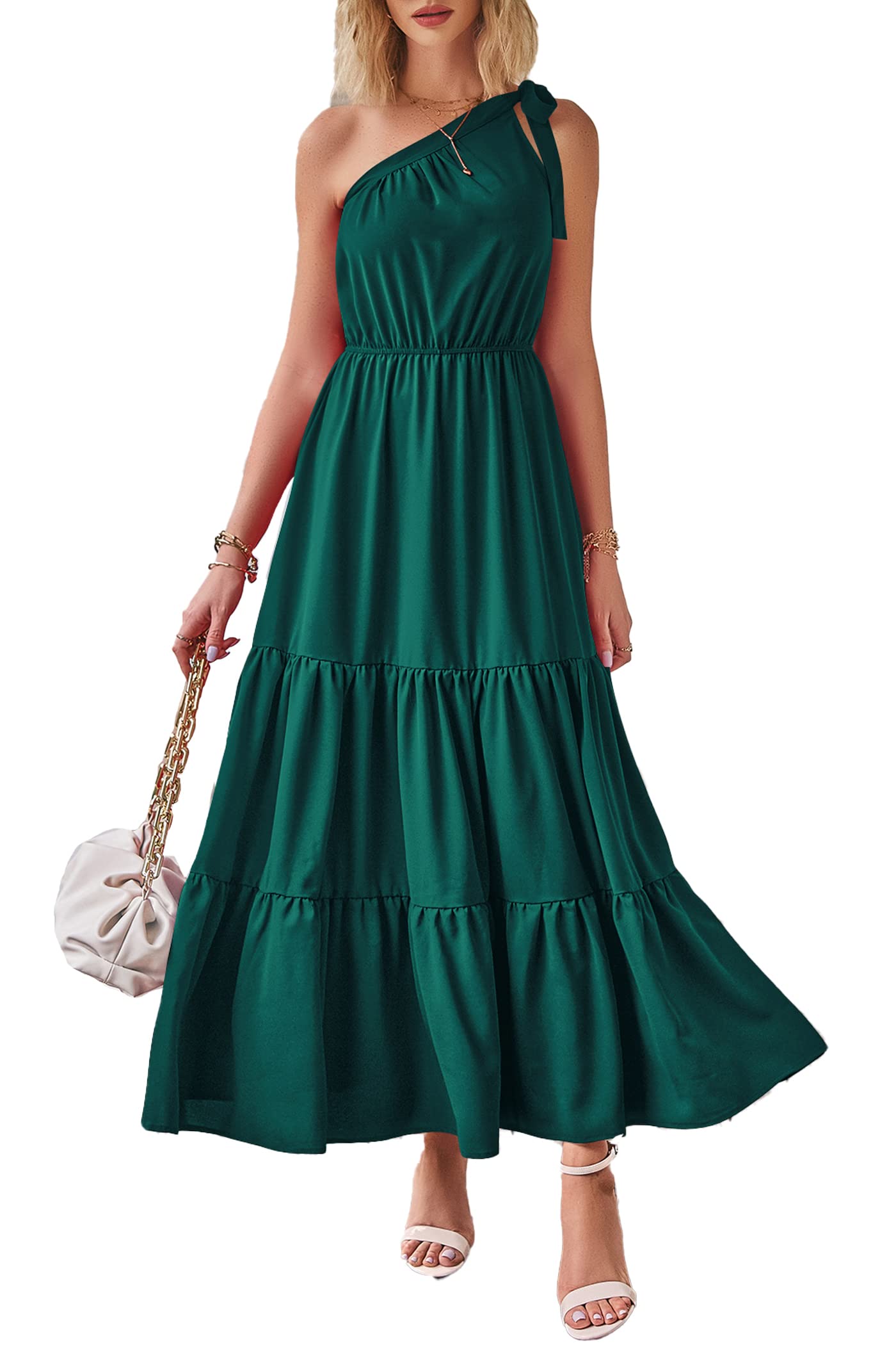 PRETTYGARDEN Women's One Shoulder Boho Floral Maxi Dress | Sleeveless Tiered A Line, Long Flowy Sundress, Tie Knot Summer Vacation Dresses, Spring Wedding Guest Outfits for Beach Party