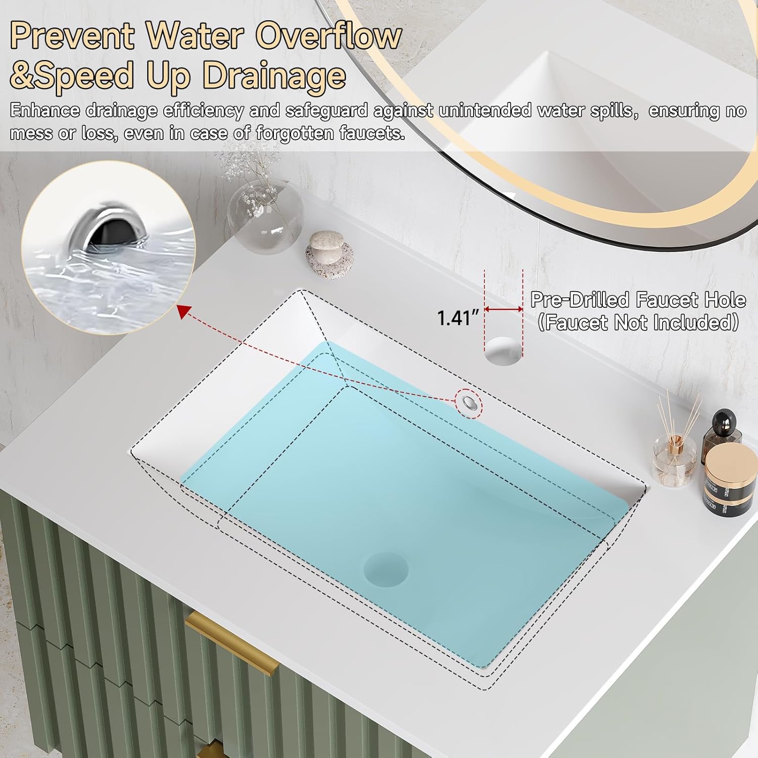 ONBRILL 24 Inch Bathroom Vanity with Sink Combo, Floating Bathroom Vanity with 2 Fluted Drawers & Metal Handle, Modern Wall Mount Storage Cabinet with Ceramic Integrated Sink for Small Space (Green)