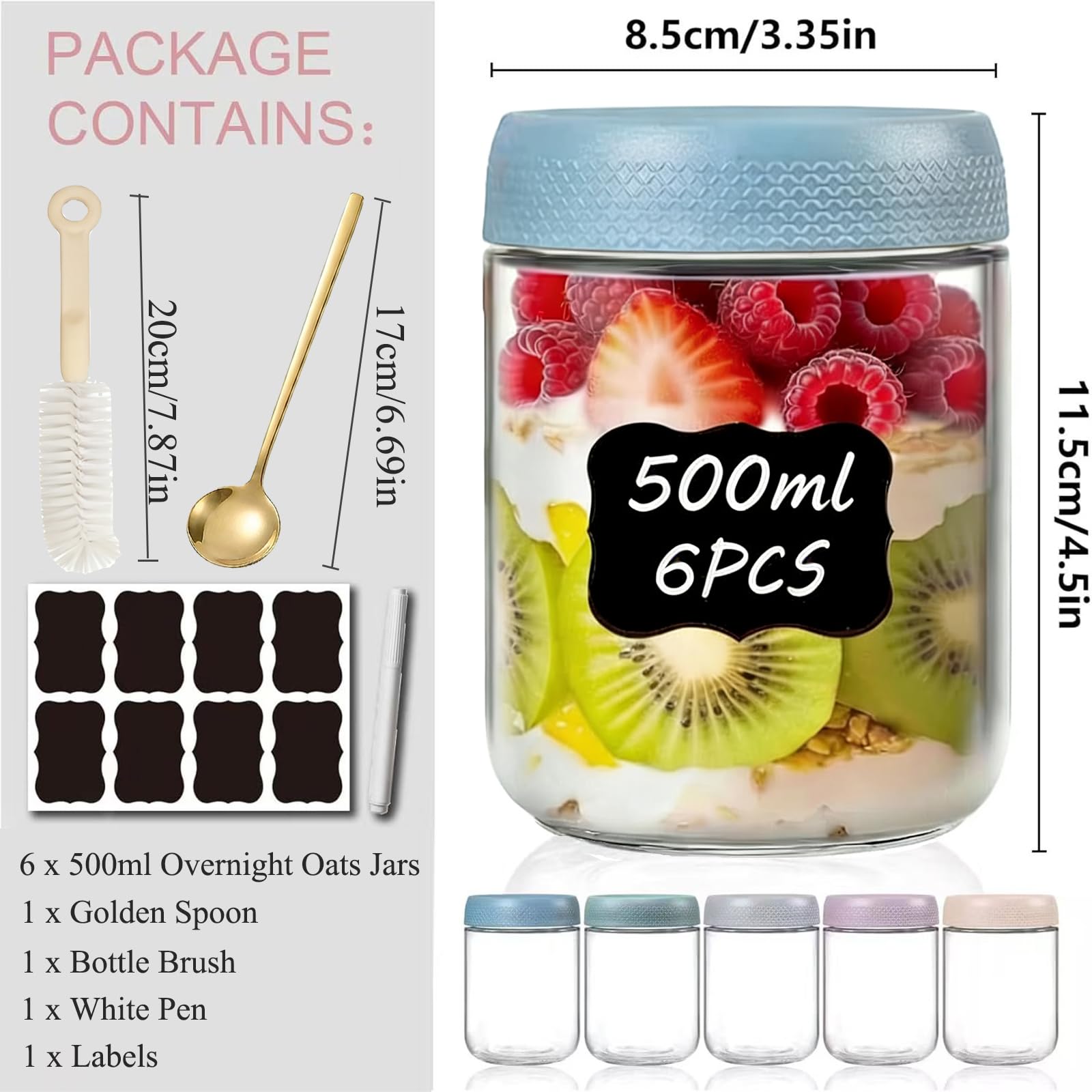 6 sztuk słoików Overnight Oats o pojemności 500 ml, słoiki na przetwory z zakręcaną pokrywką, słoiki do przygotowywania domowych dżemów, chutney, jogurtu, budyniu, wkładania, jedzenia dla
