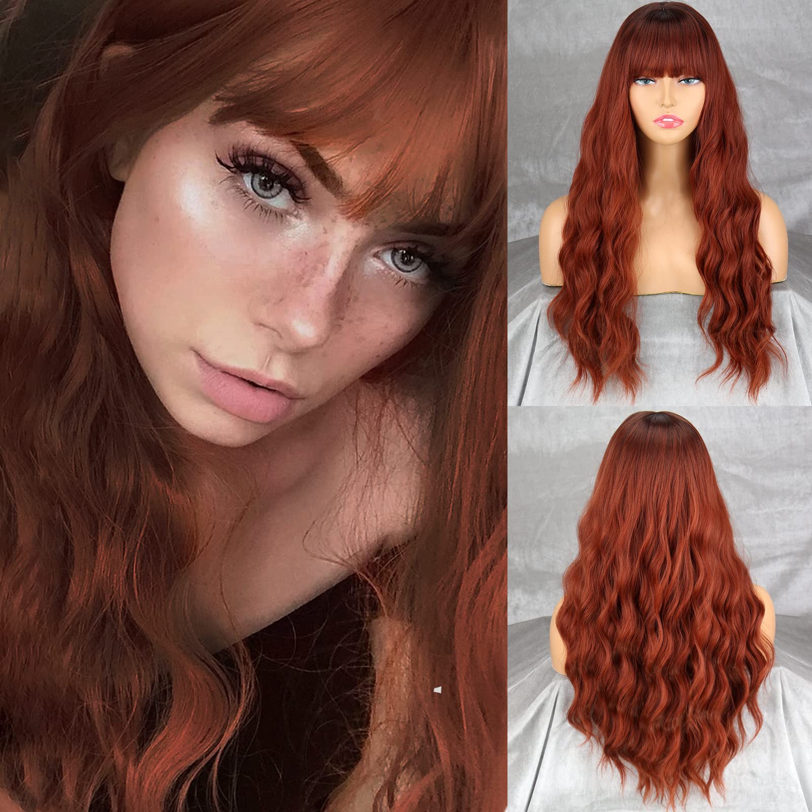 MERISIHAIR Long Wavy Auburn Wig with Bangs,Natural Wavy Curly Ginger Wigs for Women,Synthetic Cosplay Party Copper Wig(Auburn)