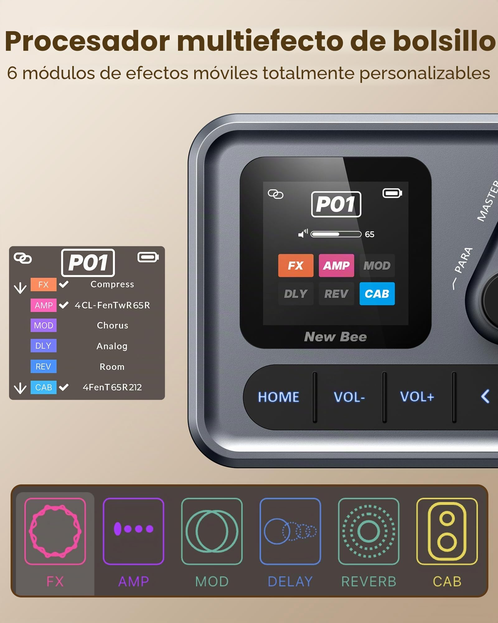 Procesador de Guitarra Multiefectos 80 Preajustes Portable 6 Módulos de Efectos Móviles,USB Audio Grabación OTG con App y BT,Recargable para Guitarra,Guitarra Eléctrica,Bajo