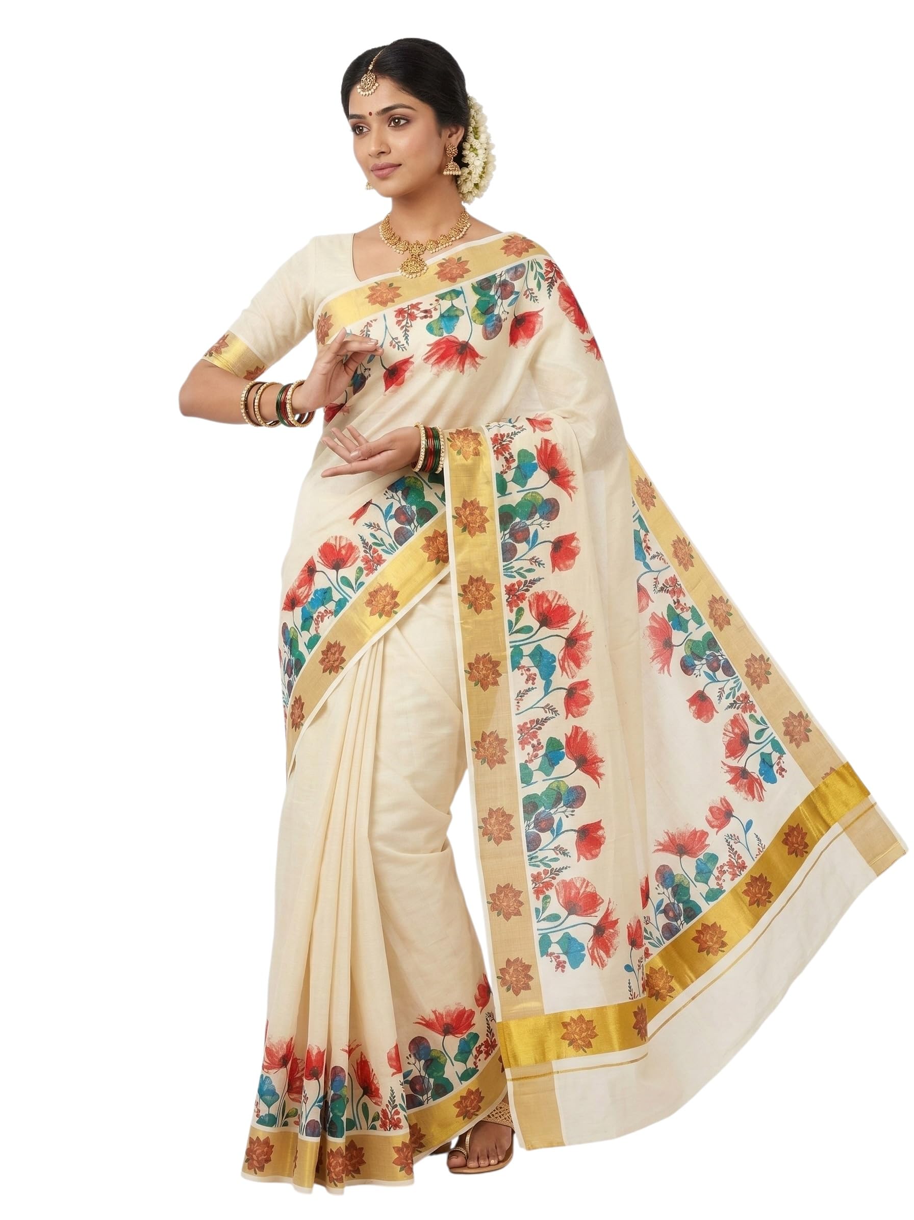 Kuthampully Kerala Saree |Traditional South Indian Sarees | Onam Tissue Cotton Kasavu Saree |Authentic South Cultural Sarees With Running Blouse | Mural Hand Printed Kasavu Saree | EKM-693-image-10