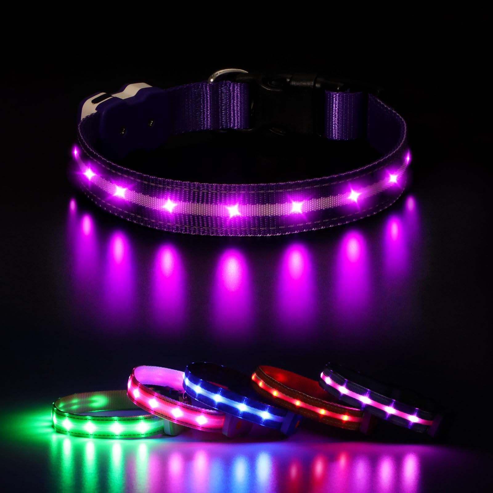 CAWJUG Light up Dog Collar, Rechargeable LED Dog Collar with 3 Glowing Modes, Adjustable Flashing Dog Collar for Small Medium Large Dogs(Purple, L)