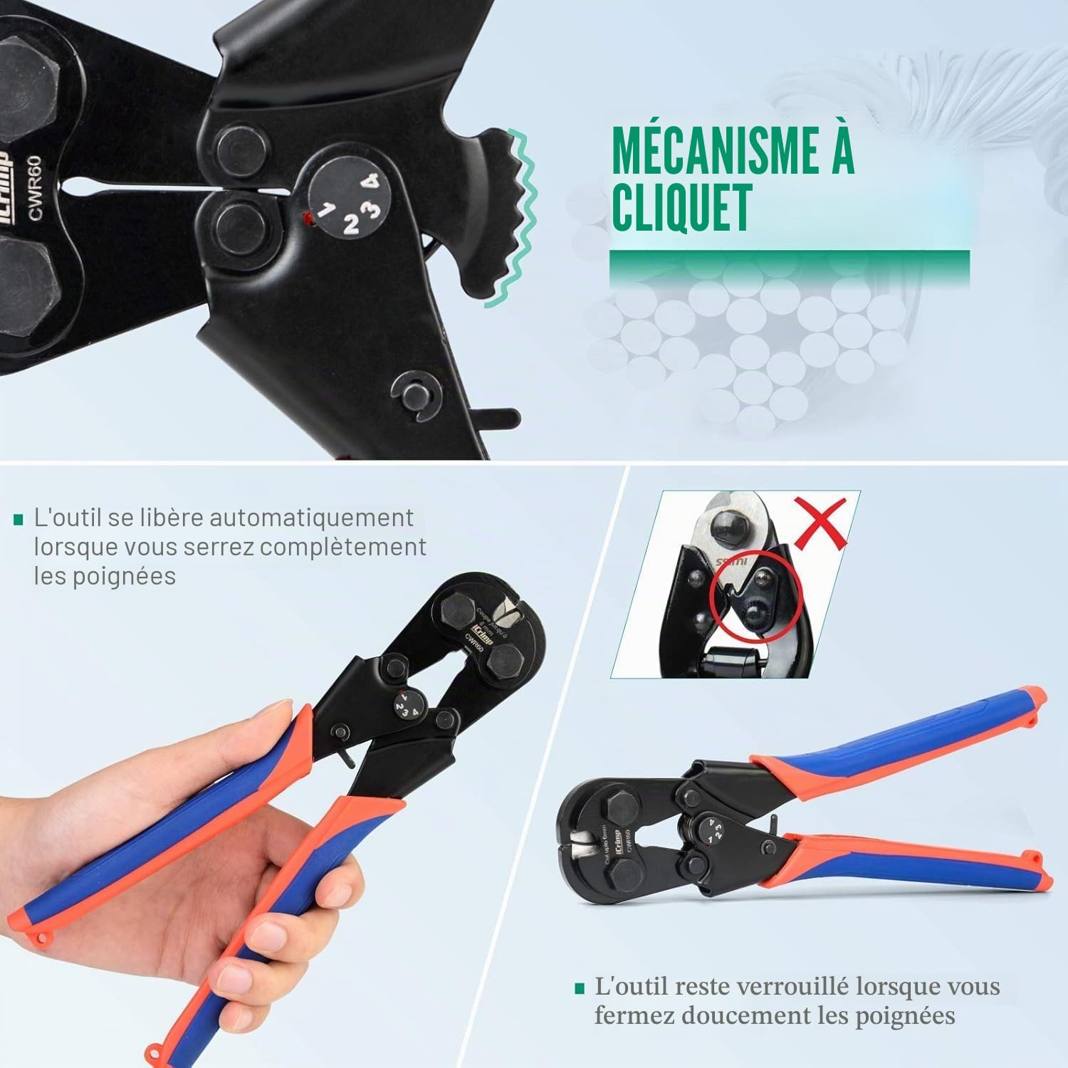 iCrimp CWR-60 Coupe-câble pour Câble en Acier Inoxydable, Câble D'aviation, Câble en Cuivre, Fil de Piano Jusqu'à un Diamètre de 6 mm