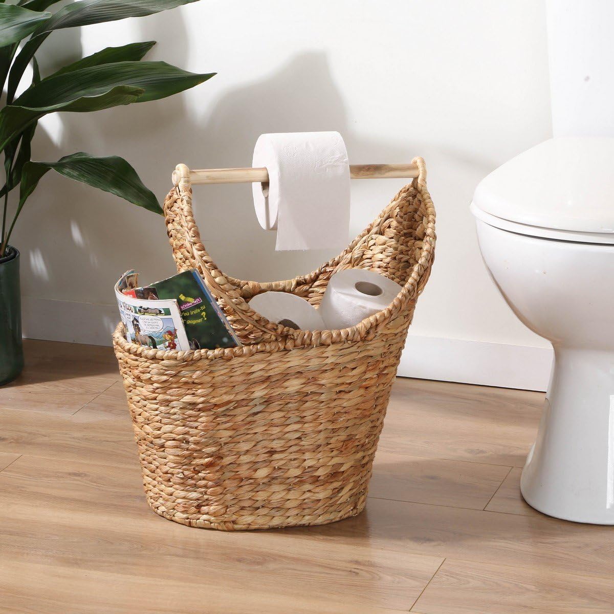 Calicosy – Panier de Rangement en Jacinthe d’Eau pour Papier Toilette – Naturel, avec Poignée – L39 x P28 x H42 cm – Rangement WC Pratique et Décoratif