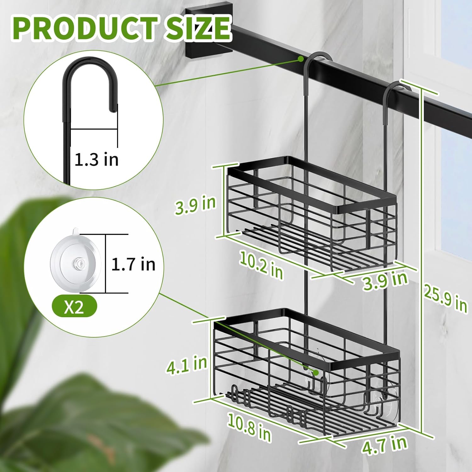 SHANSHUI Shower Hanging Caddy, Double Bathroom Showers Organizer Basket, Shampoo Bracket, Over Door Shower Rack with Hooks, 304 Stainless Steel Rustproof