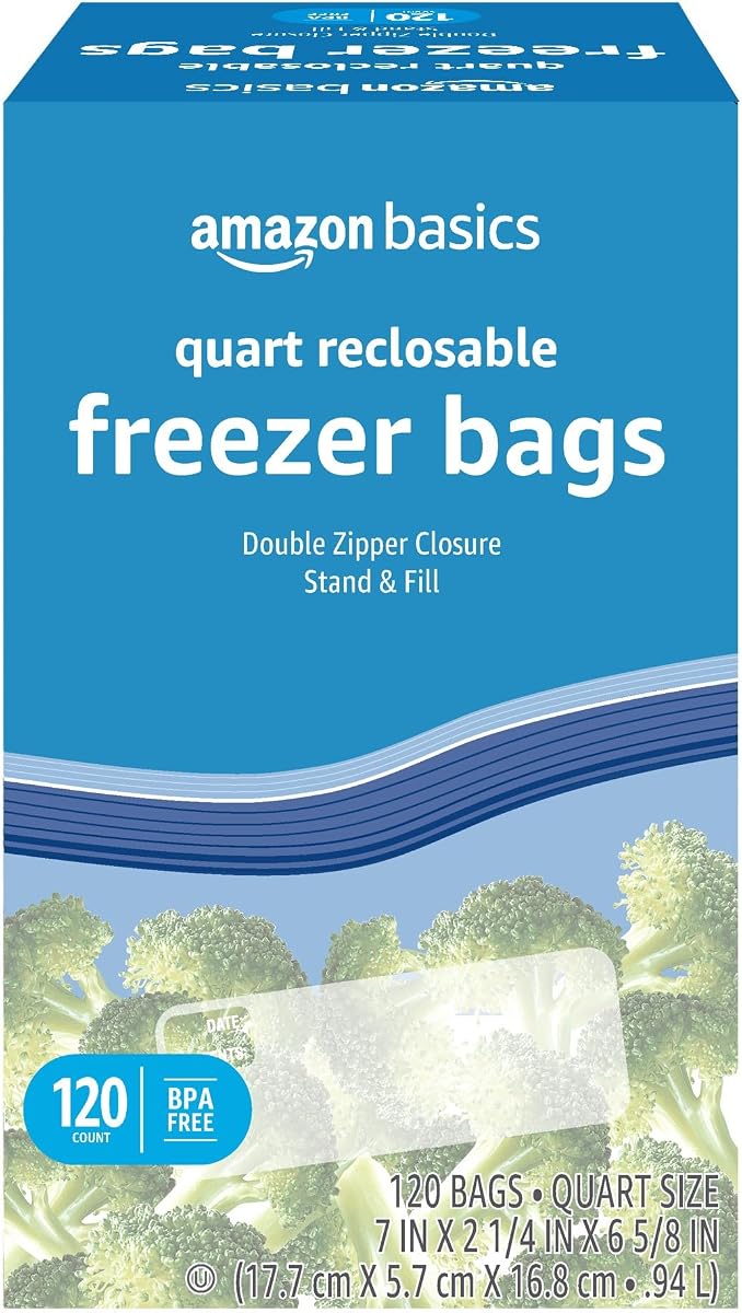 Reclosable Freezer Quart Food Storage Bags with Zipper Seal, BPA Free, Stand and Fill, Airtight, 120 Count (Previously Solimo)