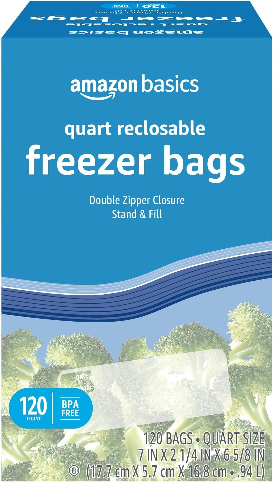 Amazon Basics Reclosable Freezer Quart Food Storage Bags with Zipper Seal, BPA Free, Stand and Fill, Airtight, 120 Count (Previously Solimo)
