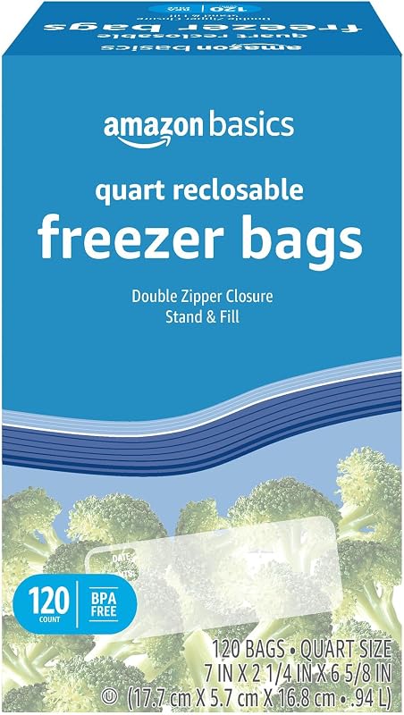 Reclosable Freezer Quart Food Storage Bags with Zipper Seal, BPA Free, Stand and Fill, Airtight, 120 Count (Previously Solimo)