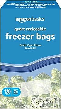 Amazon Basics Reclosable Freezer Quart Food Storage Bags with Zipper Seal, BPA Free, Stand and Fill, Airtight, 120 Count Previously Solimo