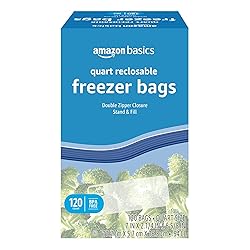 Amazon Basics Reclosable Freezer Quart Food Storage Bags with Zipper Seal, BPA Free, Stand and Fill, Airtight, 120 Count (Previously Solimo)