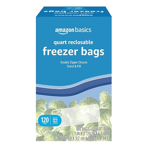 Amazon Basics Reclosable Freezer Quart Food Storage Bags with Zipper Seal, BPA Free, Stand and Fill, Airtight, 120 Count (Previously Solimo)
