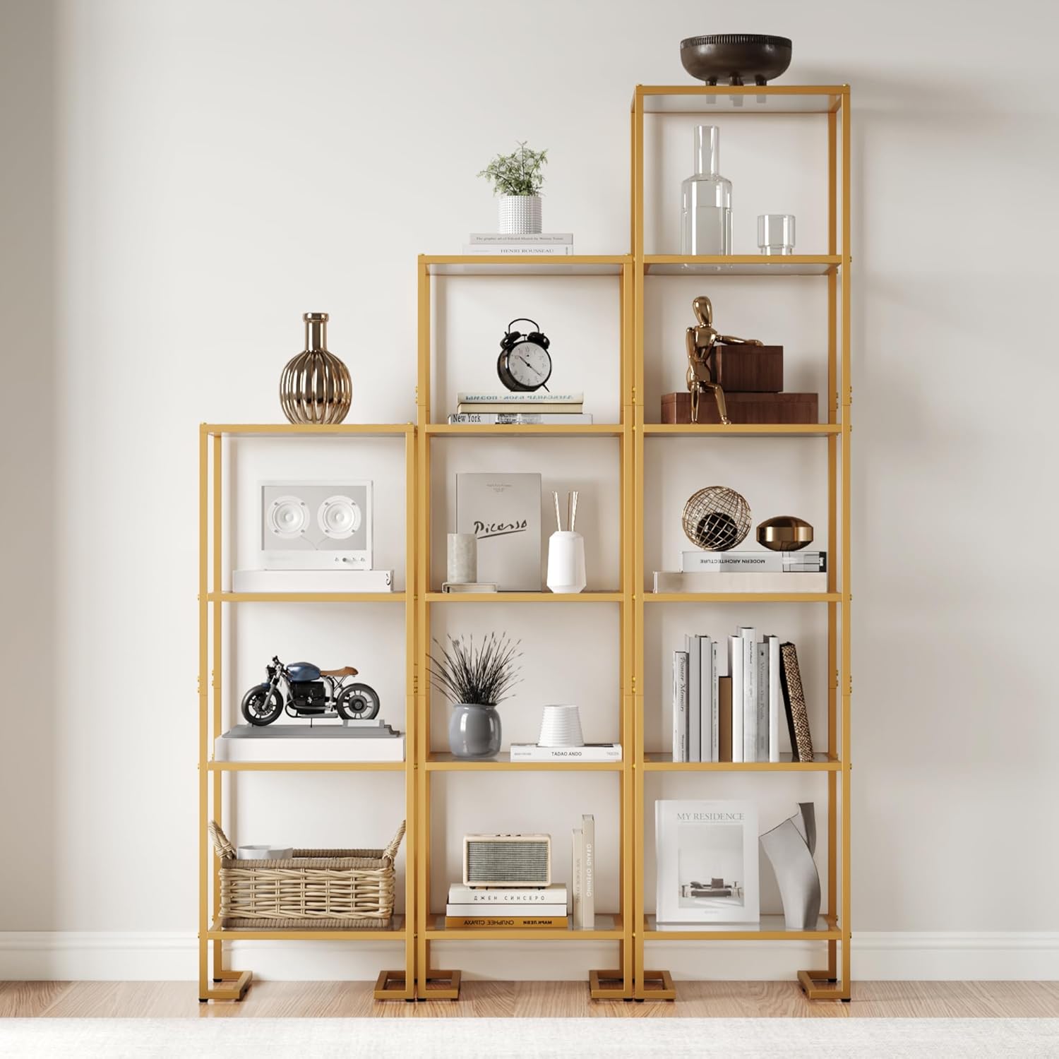 Furnify 4-Tier Glass Bookshelf, Tempered Glass Display Shelf, Modern Open Shelf Bookshelf, Slim Shelving Unit Bookcase for Living Room, Home Office, Bedroom, Golden