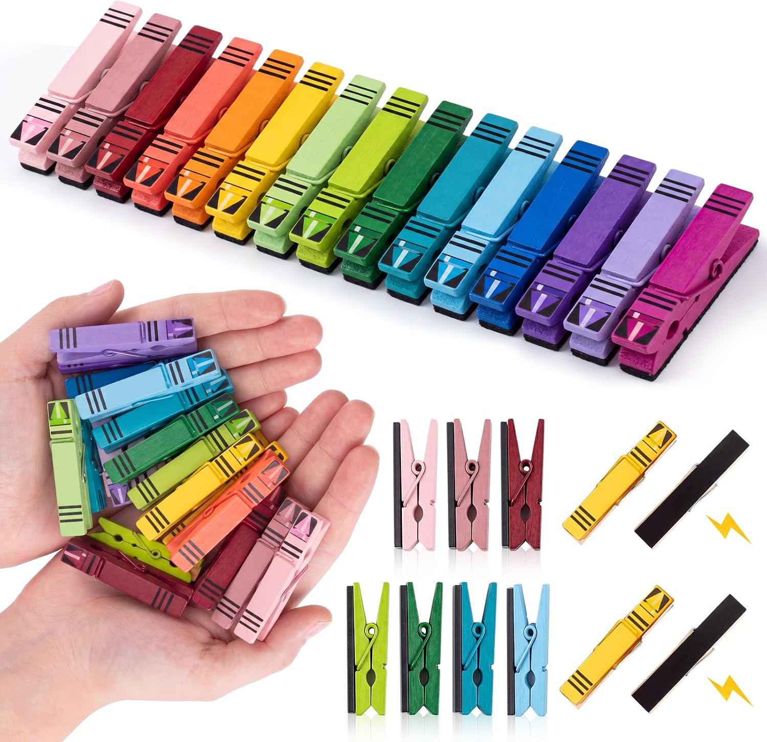 Tenceur 30 Pcs Back to School Crayon Magnetic Clothespins for Teachers | Cork Board Clips, Whiteboard Magnets, Wooden Photo Holders, Classroom Display, Student Artwork, Office Notes, Fridge Decor