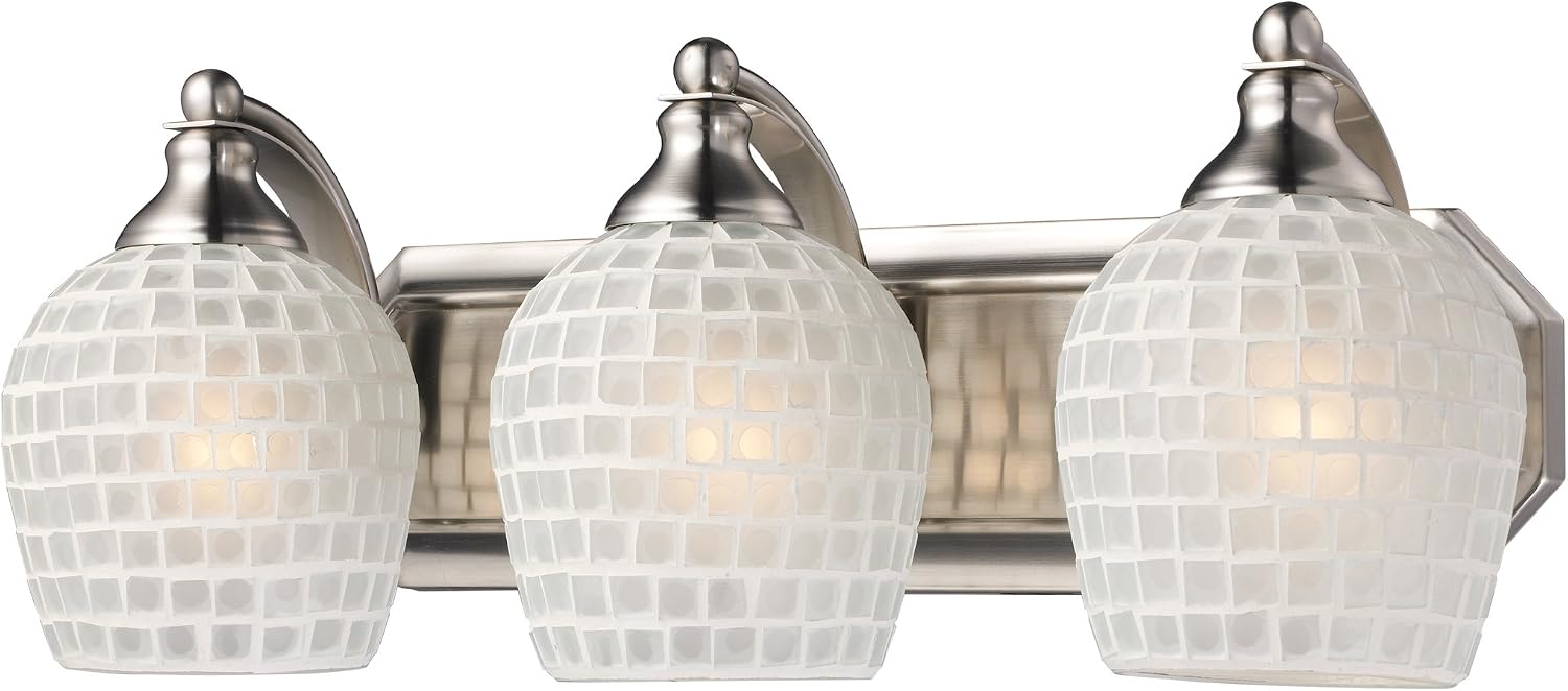 Review Discount Elk 570-3N-WHT 3-Light Vanity in Satin Nickel and White Mosaic Glass