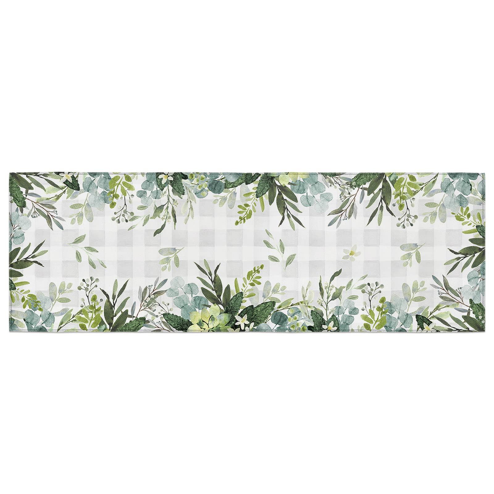 Hallway Runner Rug,Summer Eucalyptus Leaf Farm Decor Leaves Spring Gray Buffalo Plaid Non Slip Water Absorbent Rug Indoor Entrance Floor Mat Runner for Home Garage Kitchen Laundry 18x59in