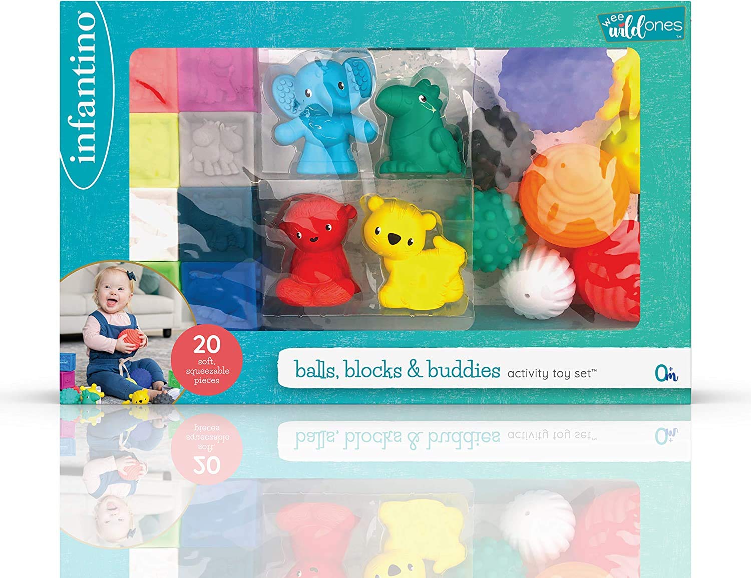 INFANTINO Set Con Bolas, Bloques y Animales - Set Con Pelotas, cubos y animales, Para desarrollar conocimiento y habilidades sensoriales, 20 piezas