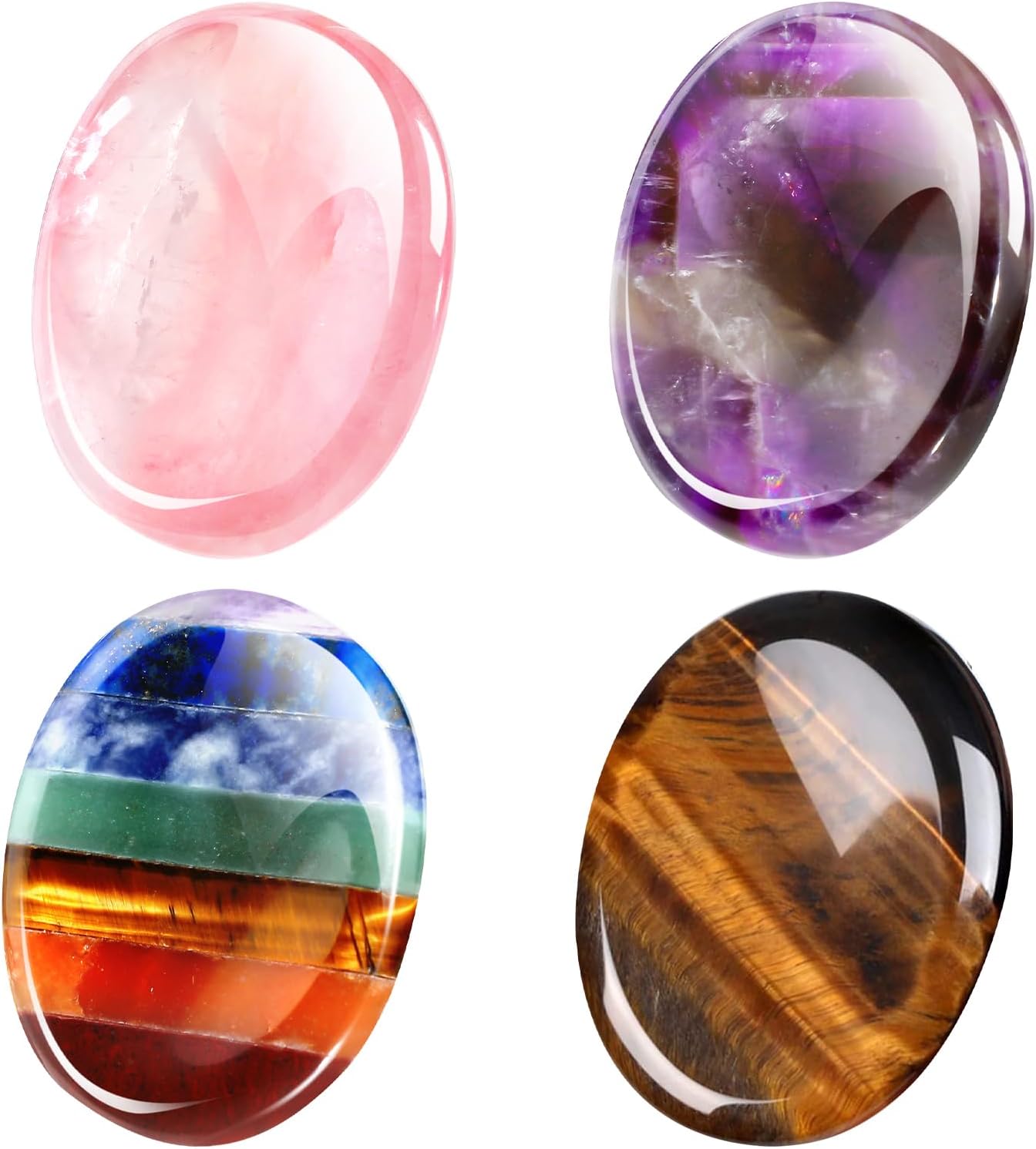 Roowest 4 Pcs Thumb Worry Stone for Anxiety Chakra Stones Charkas Crystals Pink Crystal Amethyst Tiger Eye Anxiety Stone for Stress Relief Meditation