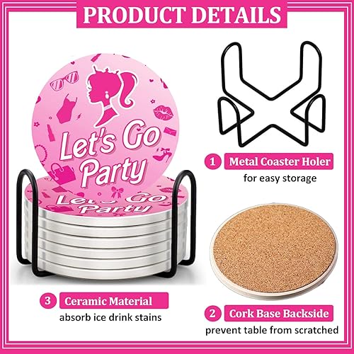 Miniatura 2 de Posavasos para bebidas con soporte, juegos de 6 posavasos absorbentes, posavasos de cerámica Let's Go Party Pink Girl para protección de mesa,