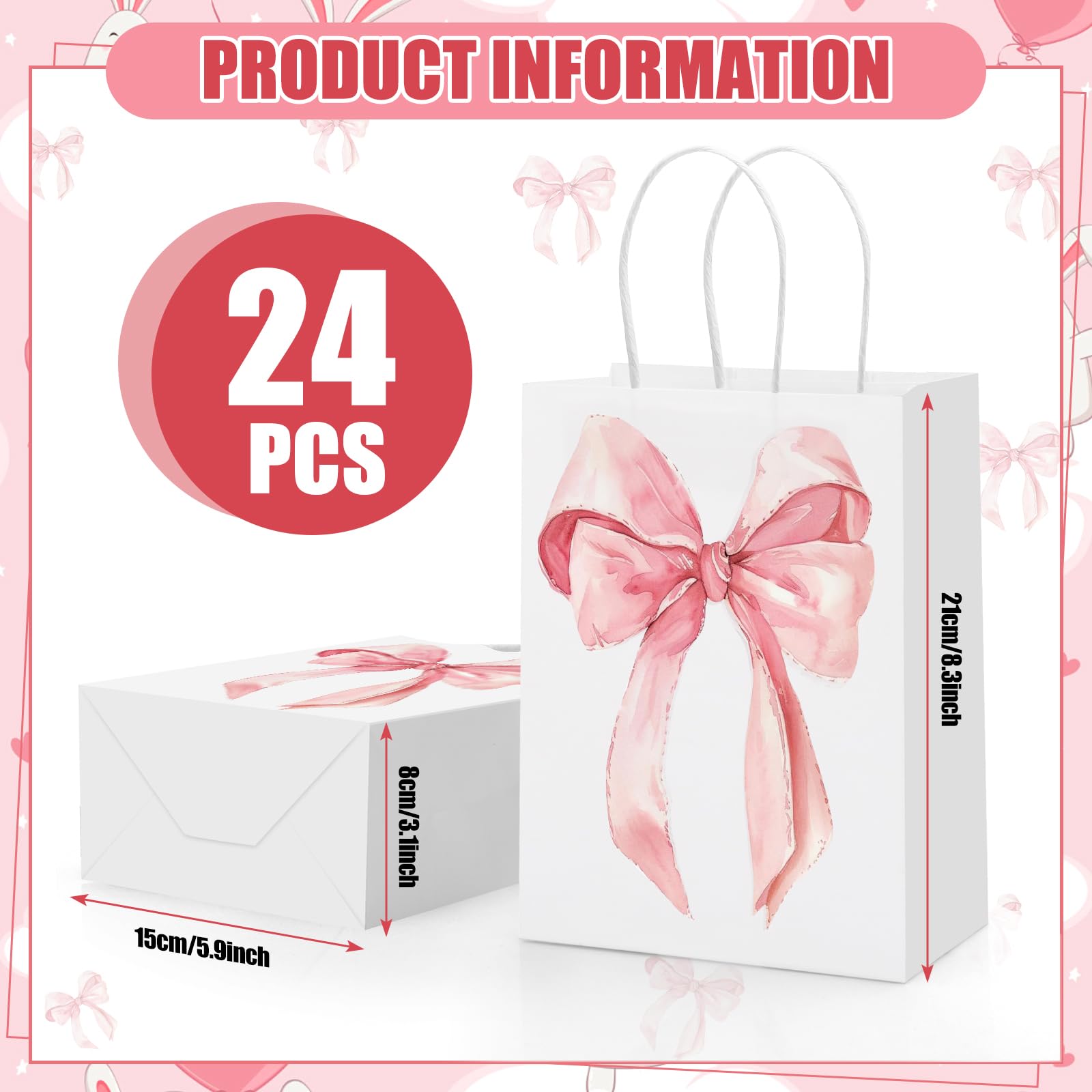 Draupnir 24PCS Coquette Pink Bow Paper Gift Bags, Party Favor Bags, Pink Goodie Bags for Birthday&Bachelorette Party Decoration Coquette Bow Gift Pouches with Handles 8.3x5.9x3.1 Inch
