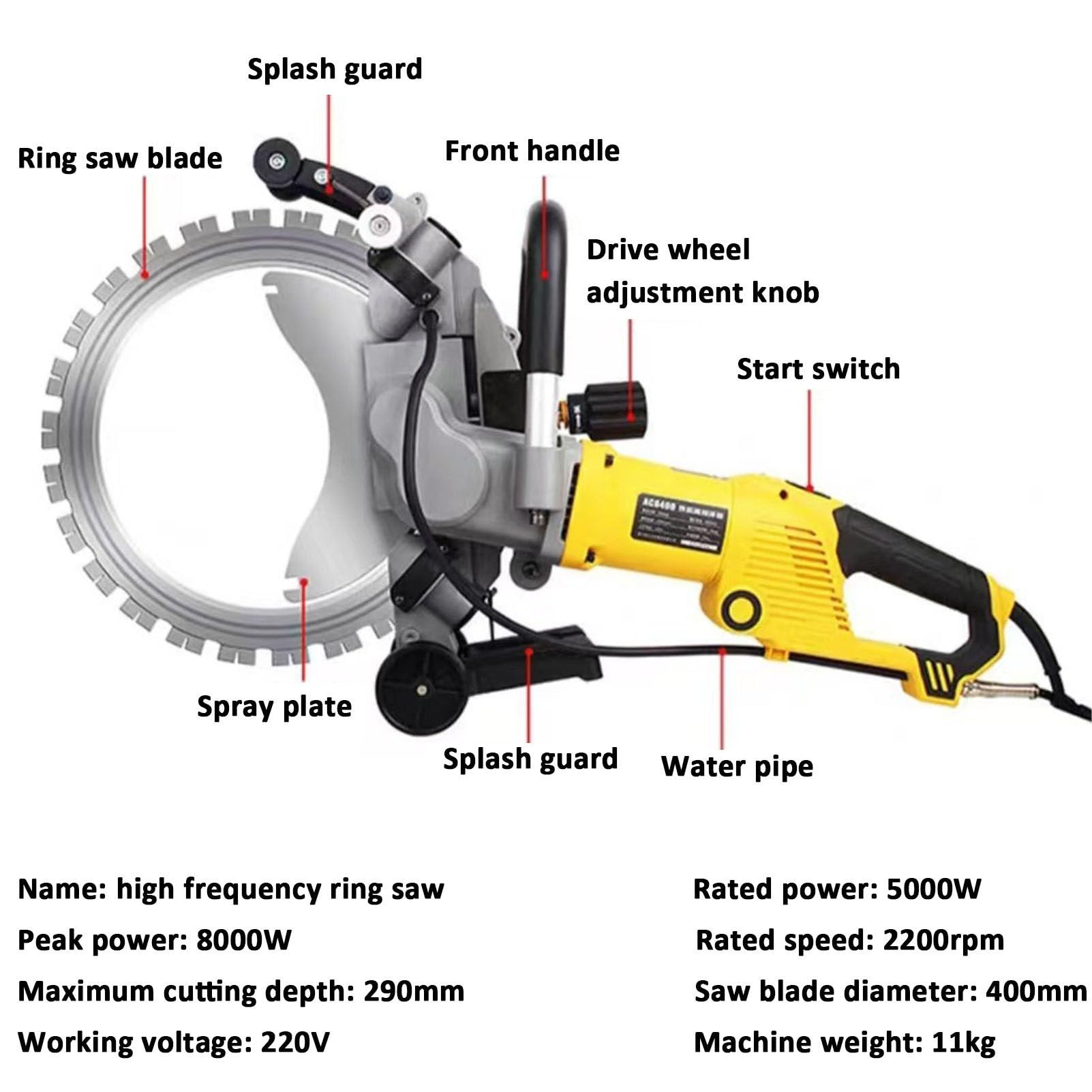 Sierra circular para hormigón, sierra eléctrica para hormigón de 2200 rpm, cortadora de muros sin escobillas de 29 cm, sierra toroidal para hormigón con supresión de polvo,WithoutToolbox