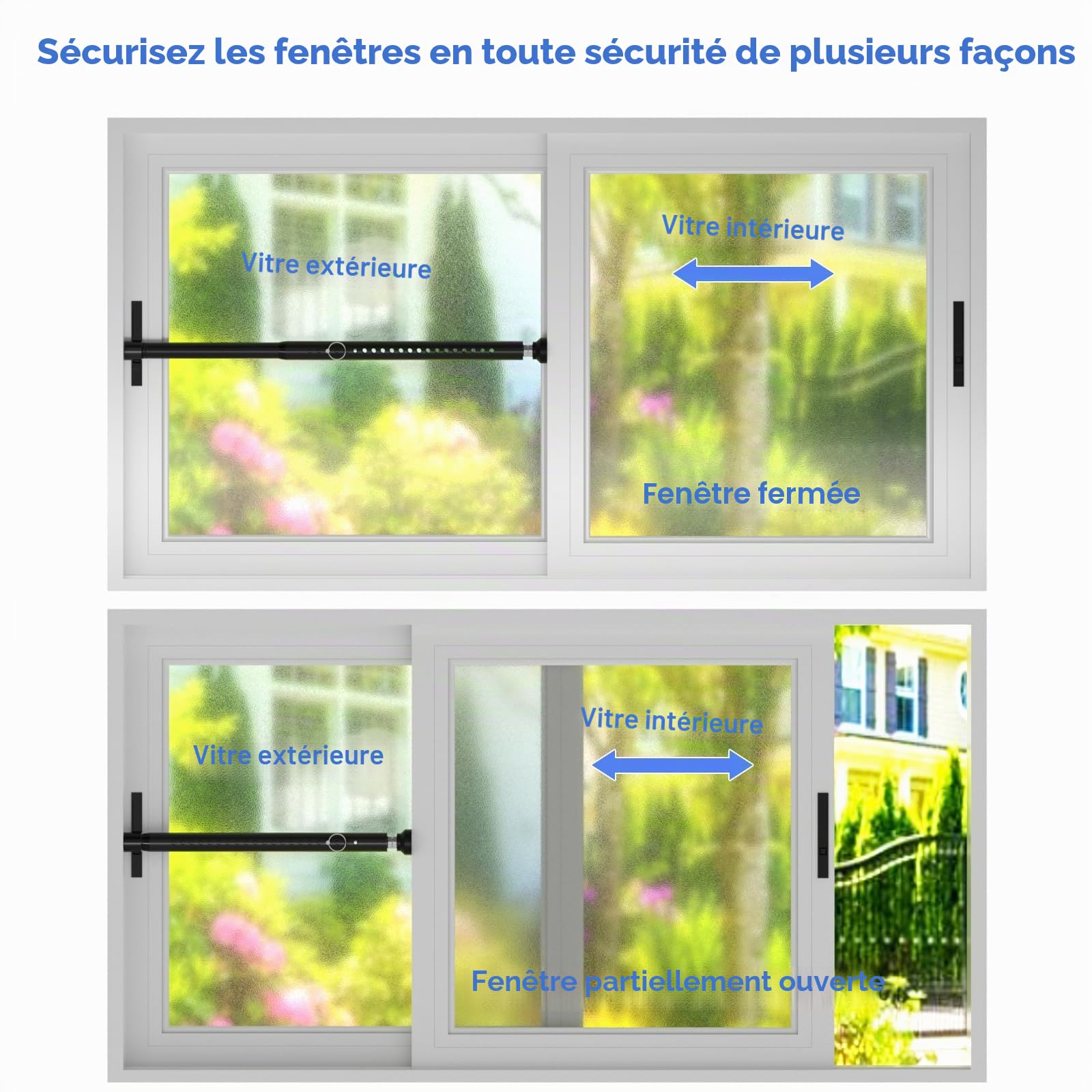 Barre de sécurité 120 cm, dispositif de verrouillage de fenêtre/porte anti-effraction réglable, barre de sécurité pour fenêtres, diamètre 25 mm, barre de verrouillage de fenêtre pour maison