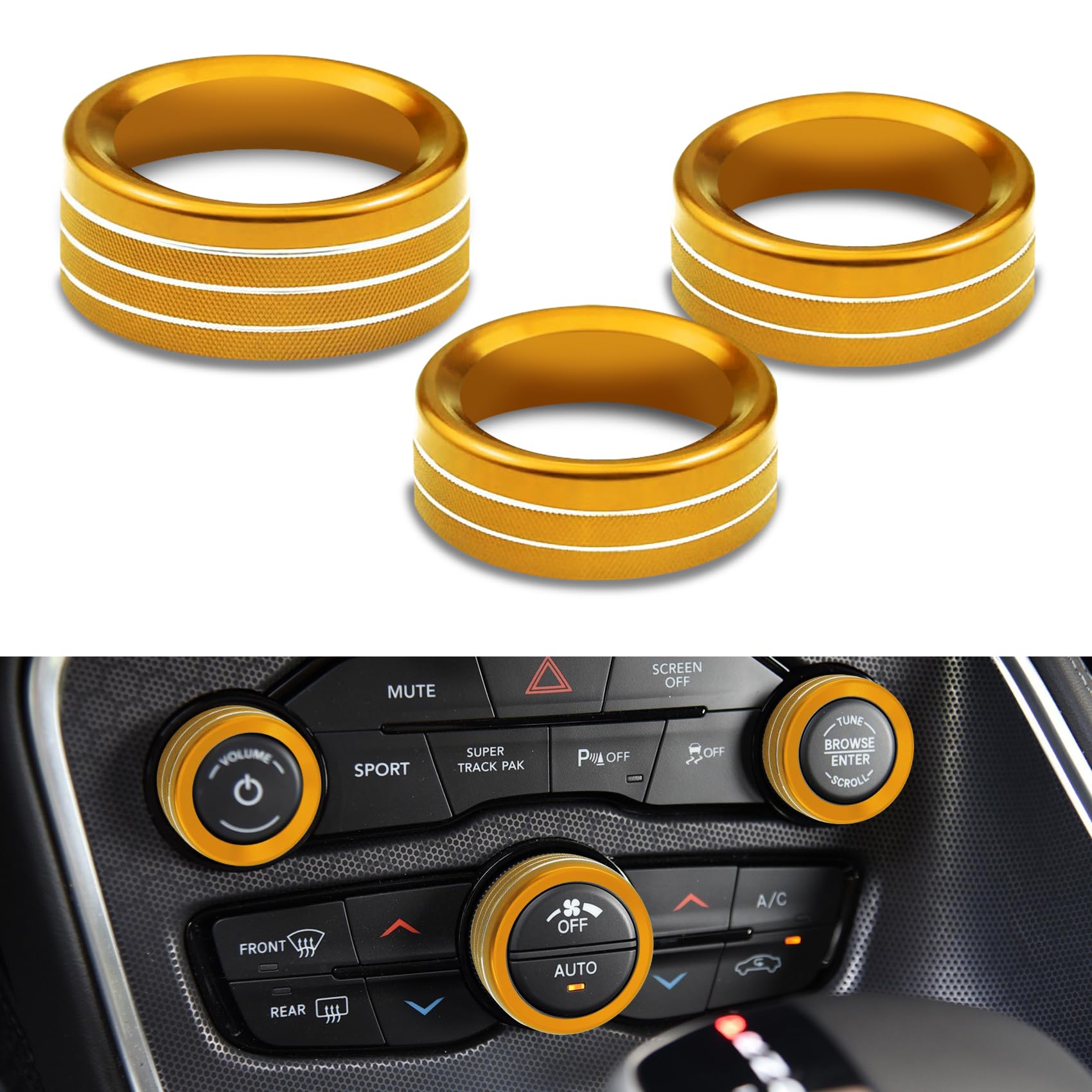 3PCS AC Air Conditioner Switch Button Knob Cover, Climate Control Knob Cover, AC Switch Volume Tune Controller Aluminum Alloy Trim, Car Accessories for Challenger Durango 2015-2022 (Gold)