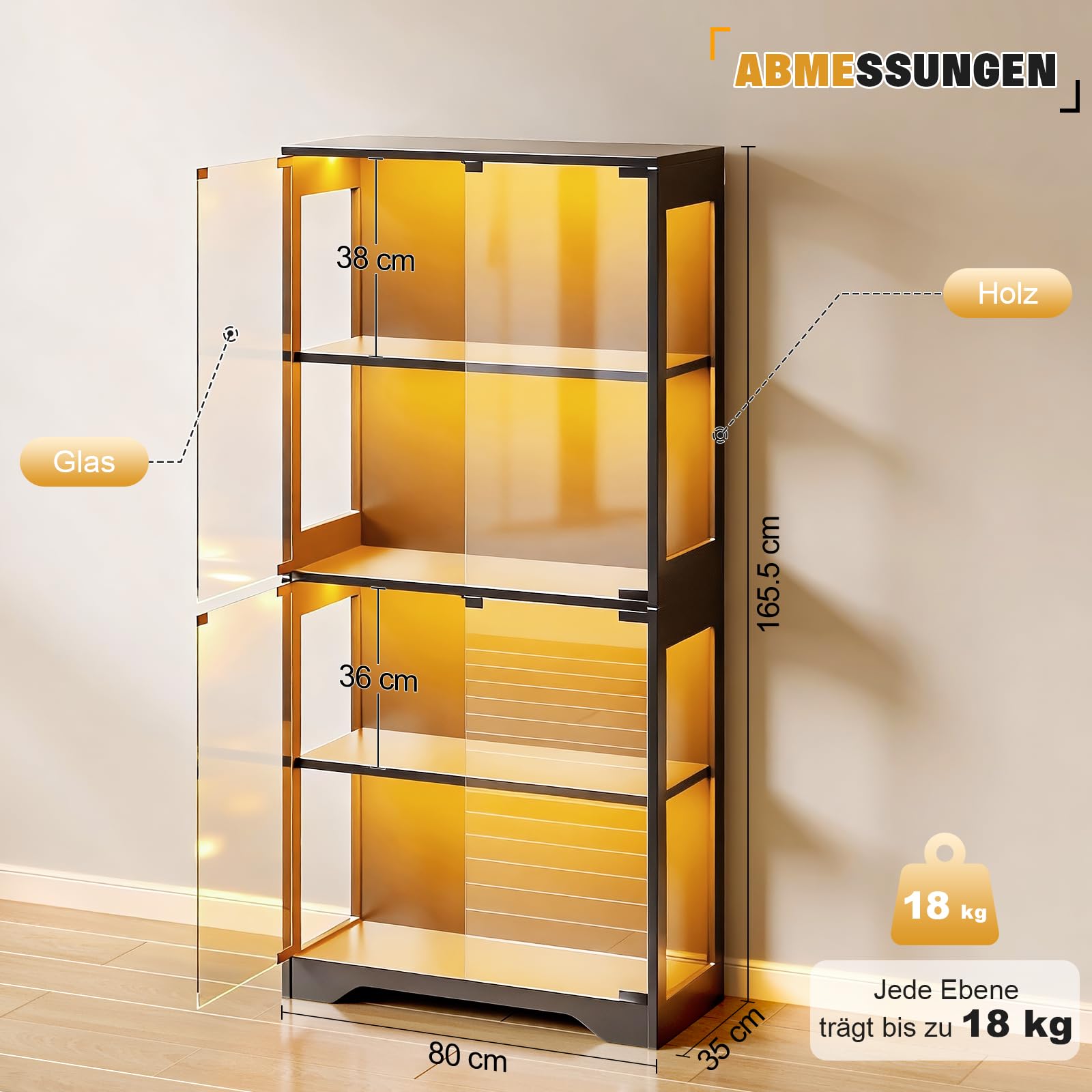 JUMMICO Glasvitrine mit RGB Beleuchtung LED, 80 x 35 x 165,5(H) cm, schwarz | Dynamische Lichteffekte, Über 60.000 Farben, 4 Ebenen, Vitrinen für Sammlerstücke