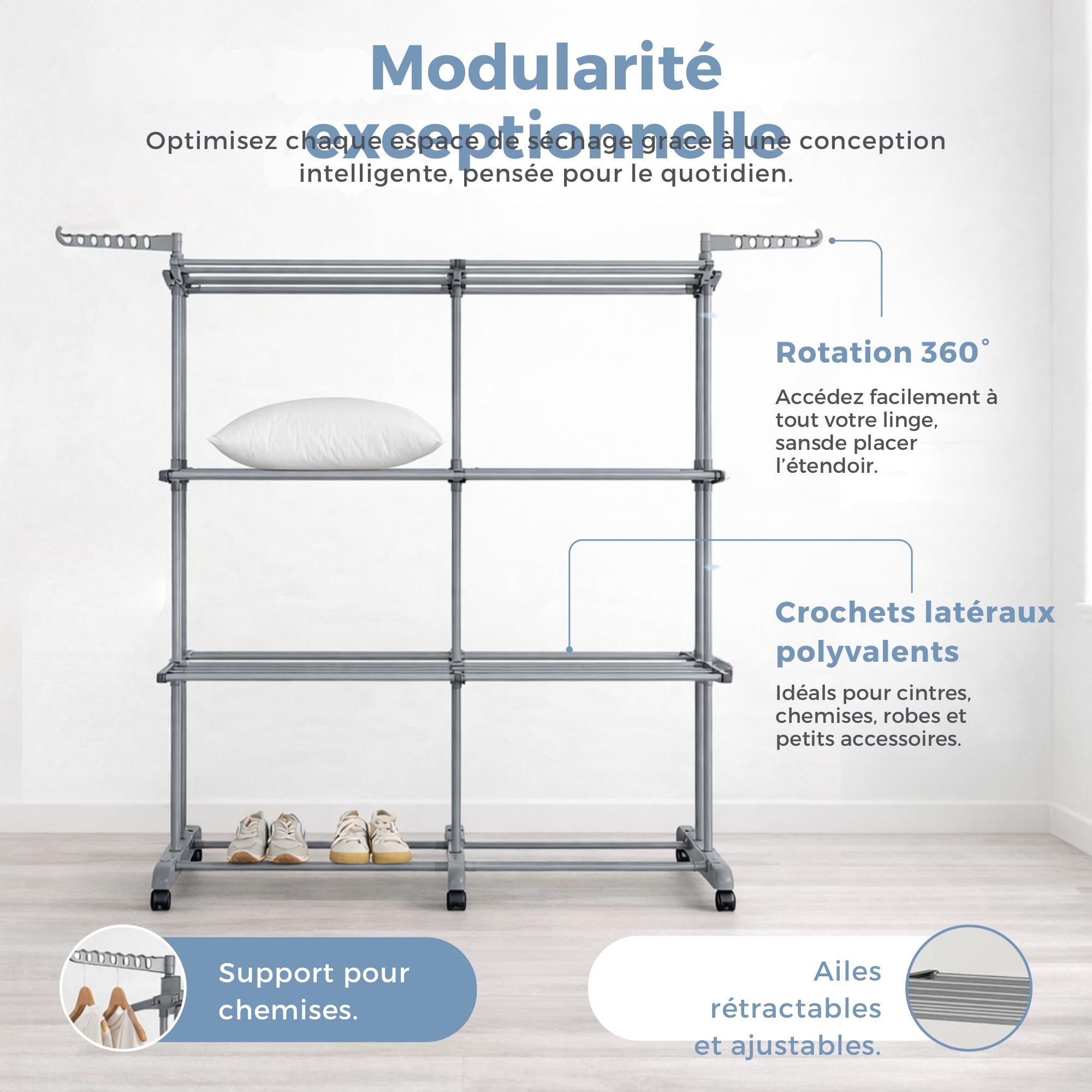 MELTA. Étendoir à Linge 4 Niveaux Extensible avec roulettes – Séchoir Pliable Grande Capacité 35 kg – Mobile, Verrouillable, pour Intérieur & Extérieur – Acier Renforcé – Gris