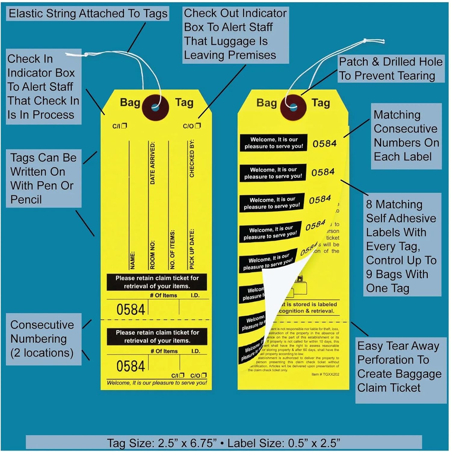 1000 Yellow Bag Claim Check Tags with Elastic String, Printed in Black Ink with 8 Labels & Matching Numbers for Multiple Bags. Hotel Bag Tags for Organizing Luggage. Size: 6 3/4" (H) x2 1/2" (W).