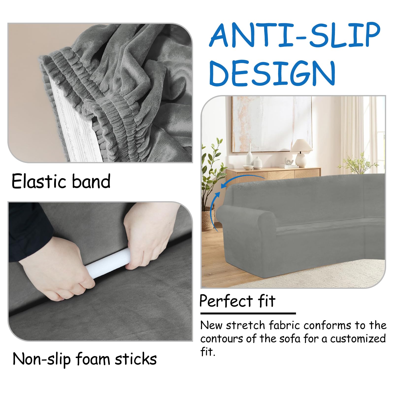 HDCAXKJ Grey Velvet Corner Sectional Couch Covers U Shaped Corner Sofa