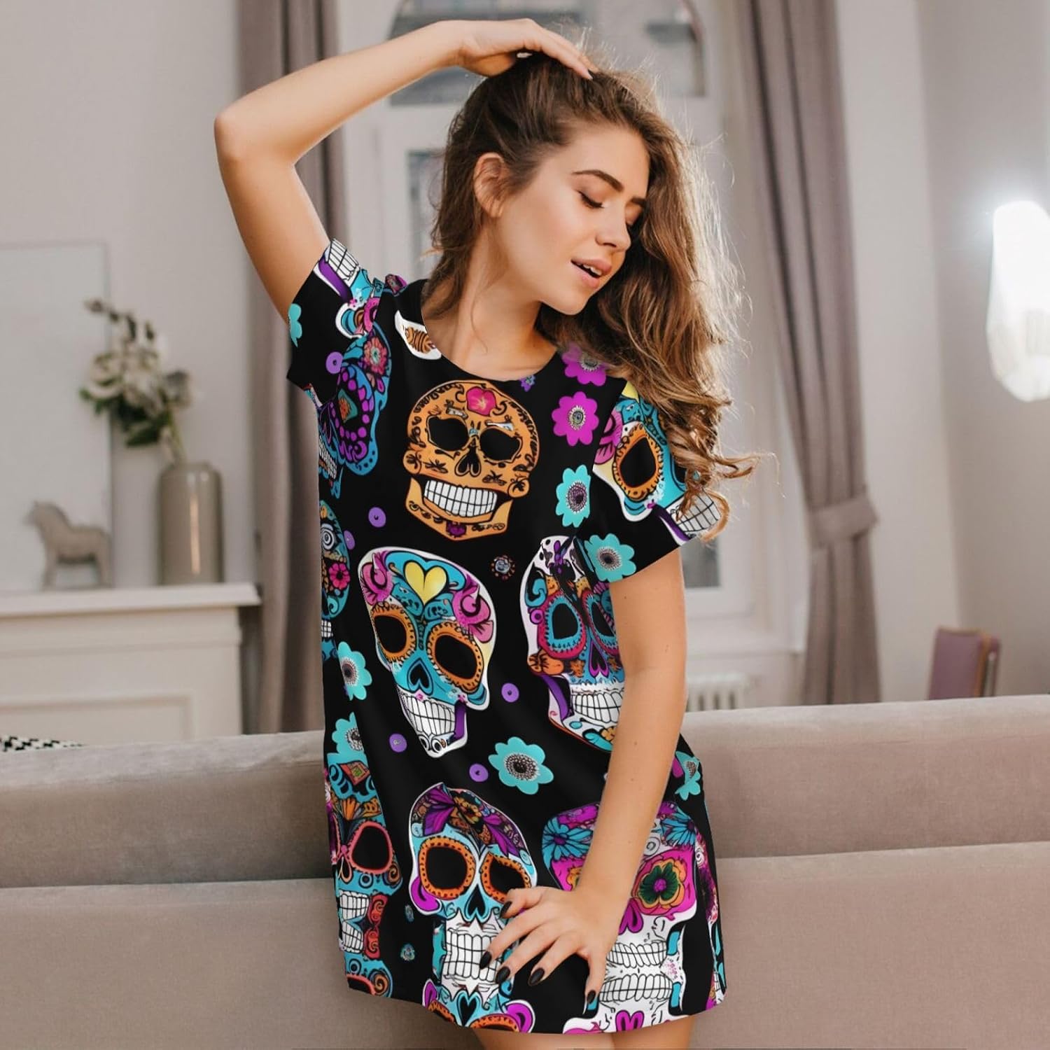 Sugar Skull Print Sleep Shirts for Women Short Sleeve Night Shirts for Sleeping Pullover Nightgown