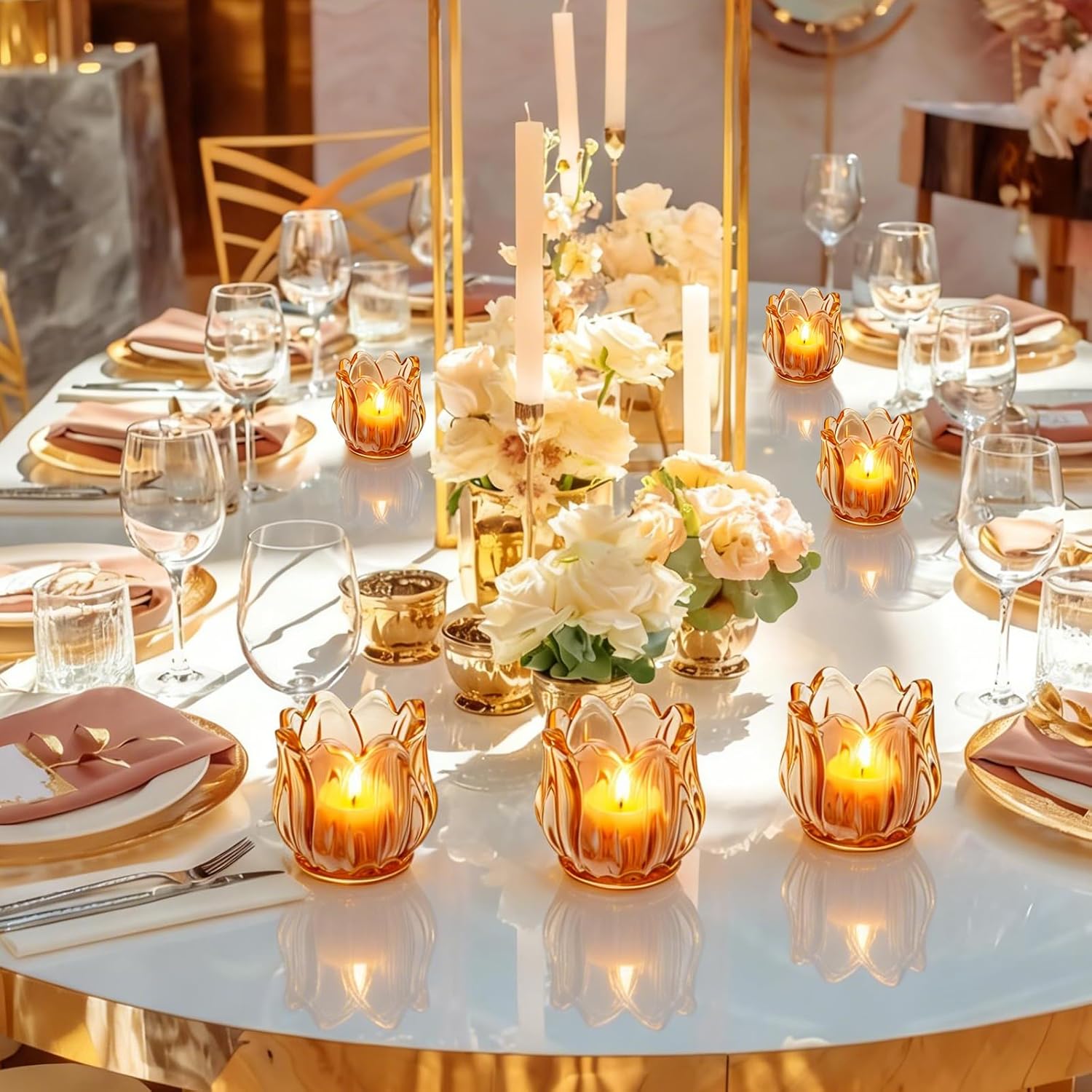 26 Pcs Gold Votive Candle Holders, Glass Flower Tealight Candle Holder Thick Glass Tea Light Candles Holder Bulk for Wedding Birthday Anniversary Parties and Holiday (Huplatinum Color)