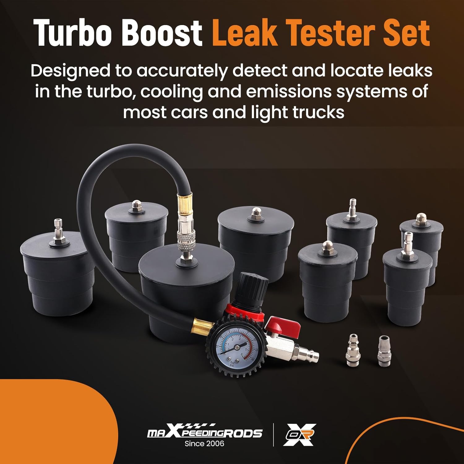 maXpeedingrods Turbo System Leakage Tester Kit with 1-3/8" to 3-1/2" Adapters, Turbo Pressure Leakage Tester, Turbo Boost Leak Tester Set for Cooling Emission Exhaust Pipe, US/EU/JP Air Fitting, 12PCS