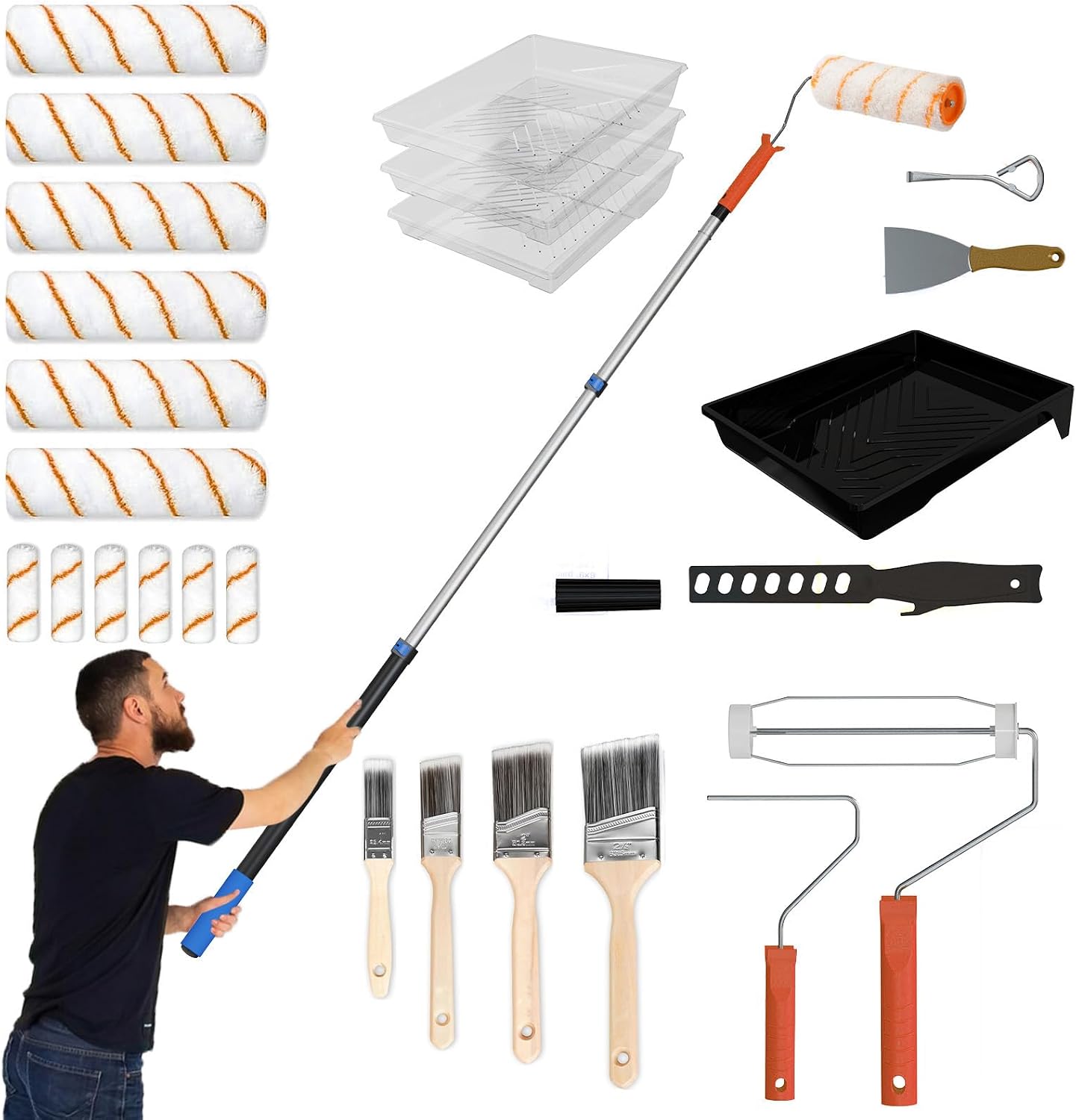 Paint Roller Kit with Extension Pole, 2-4FT Adjustable Pole, Professional 27-Piece Paint Kit, 4"9" Paint Rollers, Paint Brushes for Walls, Works with All Latex, Oil-Based Paints and Wood Finishes