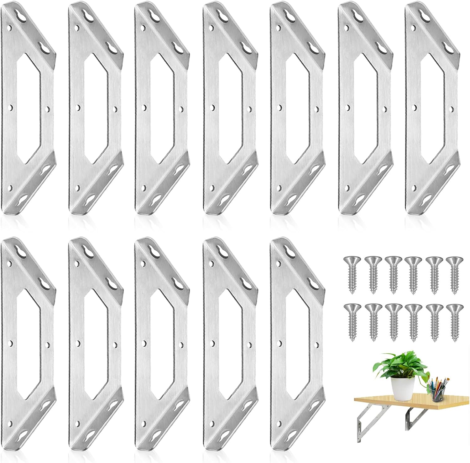 Pack of 12 Corner Connectors, Stainless Steel, Corner Angle Connector, Triangle Support with Screw, Furniture Bracket, Metal Angle for Furniture, Cabinet, Shelf, Table