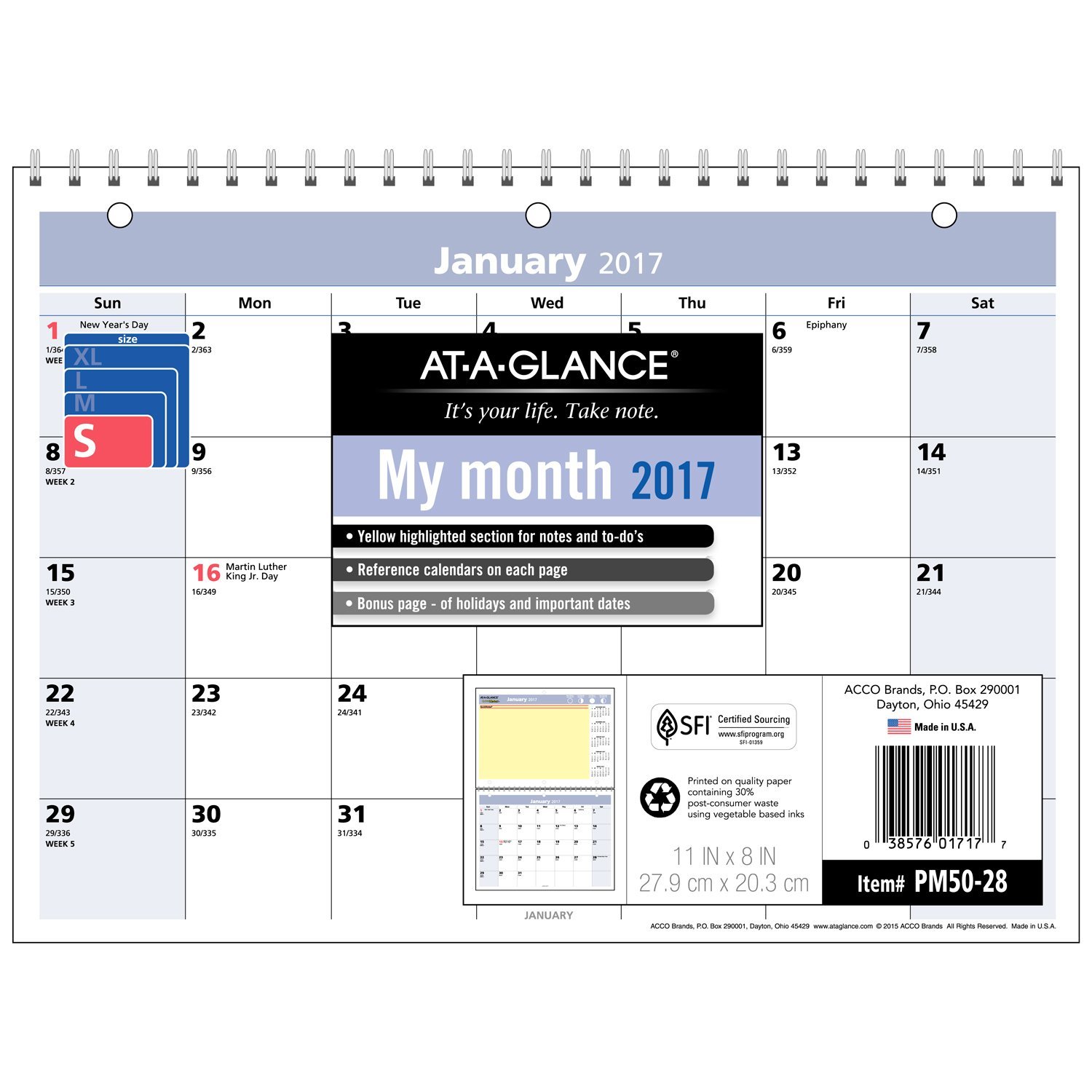 AT-A-GLANCE calendario de pared mensual escritorio/2017, QuickNotes, 11 x 8, de espiral doble (PM50 – 28)