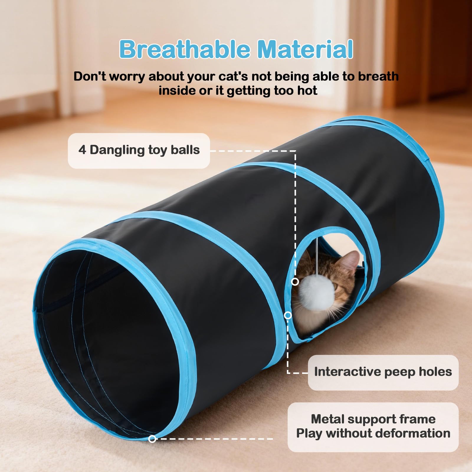Tunnel pour chat - 3 tunnels droits pour animaux de compagnie - 6 formes à faire soi-même avec baguette - Résistant aux rayures - Tubes pliables pour chiots d'intérieur - Chaton - Lapin - Noir - 208,3