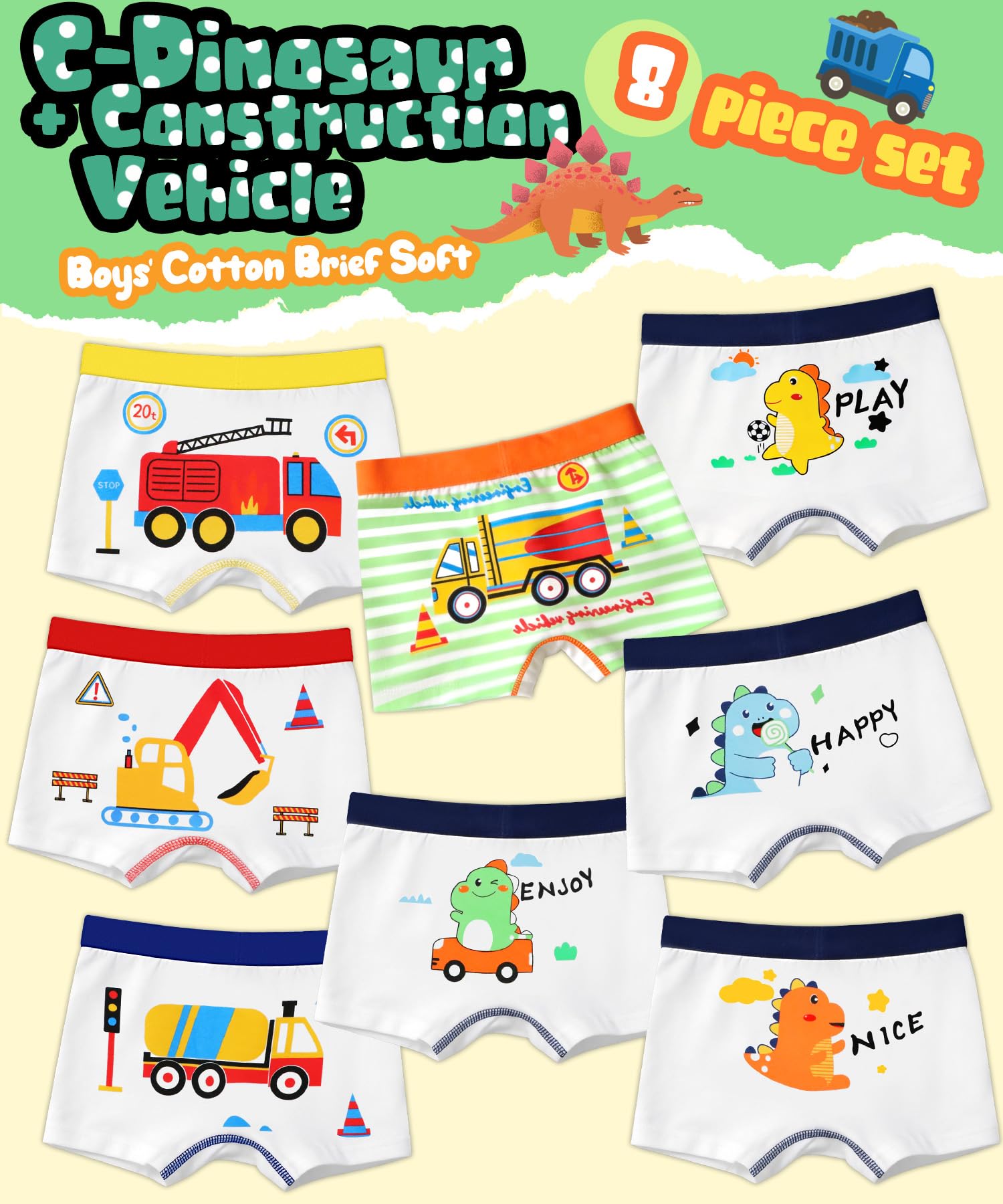 Boxer Enfant Garcon Coton Doux Calecon Enfant Garçons, Confortable Respirant Boxers Garçon, Dinosaure Motif Caleçon Garçon, Boxer Garcon Tout-Petits Enfants Lot de 8 pour de 2 à 9 Ans