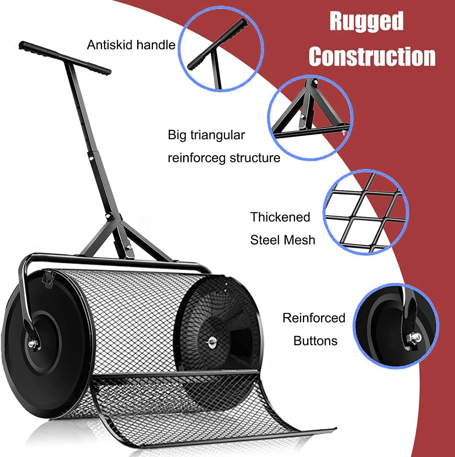 Compost Spreader, 27x12.5 inch Manure Spreaders for Lawn and Garden Spreader, Long Adjustable Handle Peat Moss Lawns Fertilizer Compost Spreader for Garden Metal Mesh Basket Seed