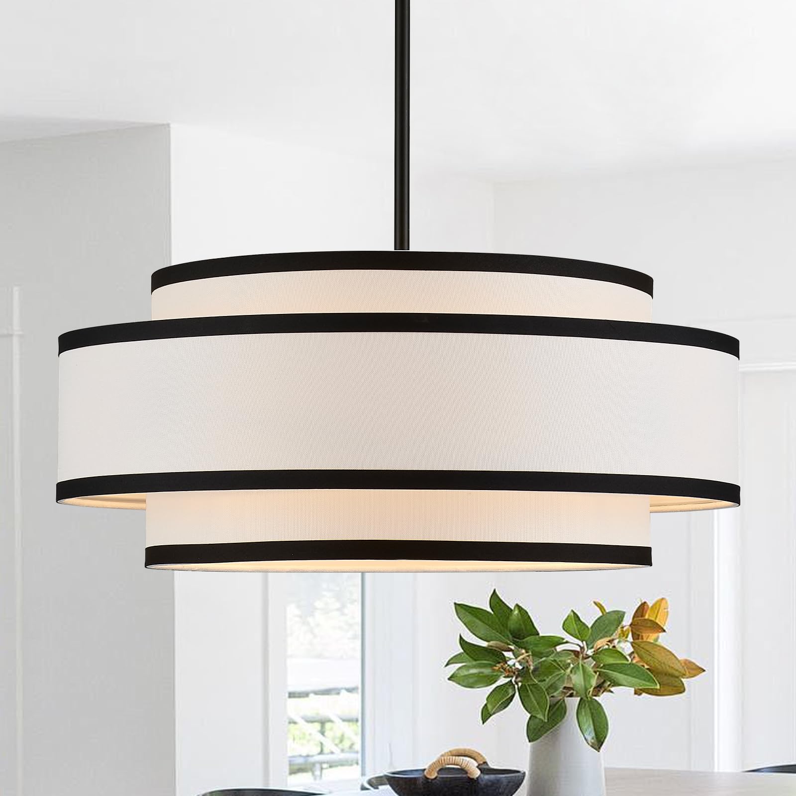 19.7" black drum chandelier with white linen lampshade 4-light modern farmhouse chandelier light fixture for dining room, kitchen island, foyer entryway bedroom