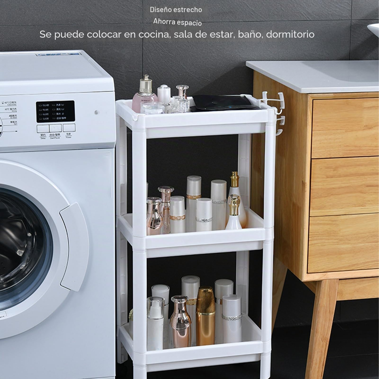 Estante de Torre de Baño, Estante de Almacenamiento Independiente de Plástico, Organizador, Estantería Multifuncional para Sala de Estar, Dormitorio, Cocina, Blanco (3 Capas)