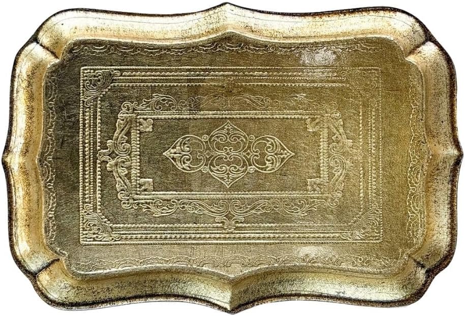 Florentine Carved Wood Rectangle Scalloped Mini Tray – Handmade in Italy Decorative Serving Platter – Heat Resistant & Artisan Crafted, Gold