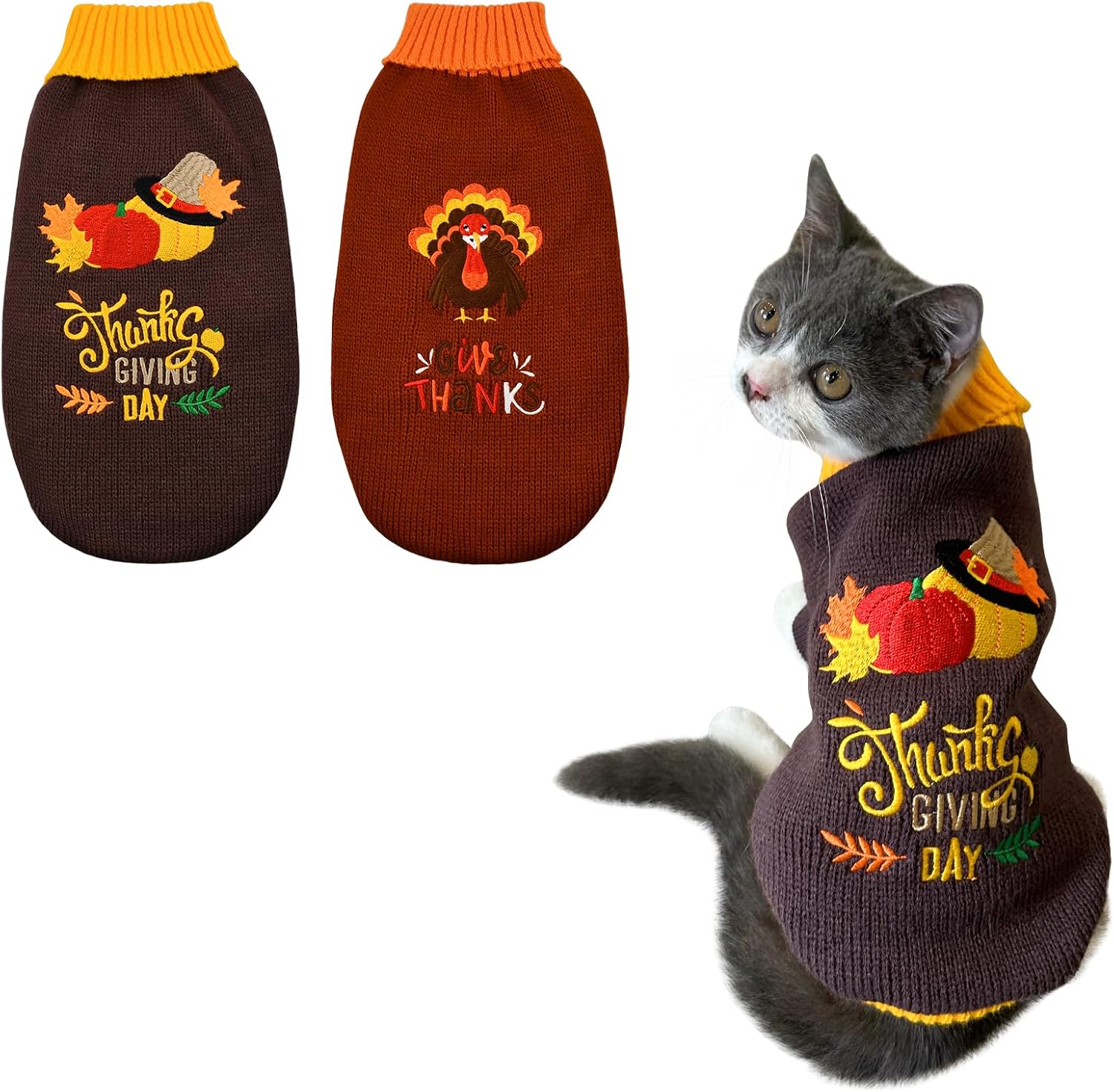 Vehomy 2Pcs Dog Cat Thanksgiving Sweaters Dog Pumpkin