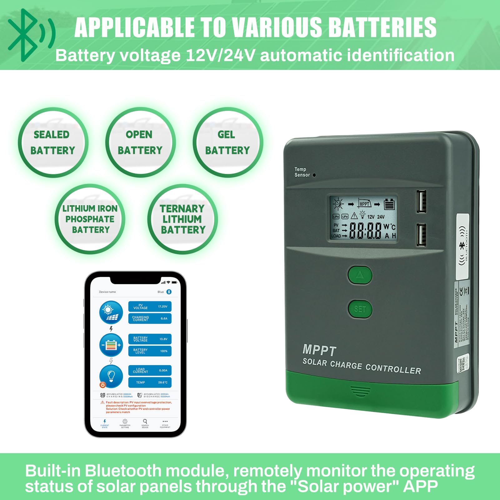 Controlador de carga solar 12V 20A Bluetooth mppt regulador solar Doble USB Identificación automática 12V/24V Tensión máxima de circuito abierto 60V Pantalla LCD MRL20