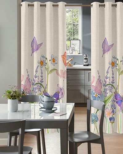 Vista 2 de Spring Floral Doorway Curtains - Blackout Curtains 78 Inches Long, Summer Colorful Flower Butterfly Burlap Sliding Door Curtains Grommet Window