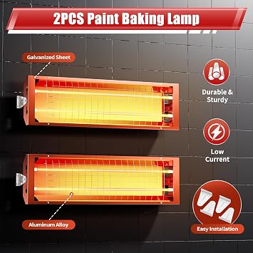 Infrared Paint Curing Lamp, 2Pcs 2000W 110V Automotive Infrared Paint Curing Heater Lamp, RT- 200 C/392 F Heating Temperature, 1m 3/ 35.3ft 3 Each Lamp Heating Area, for Automobile & Furniture
