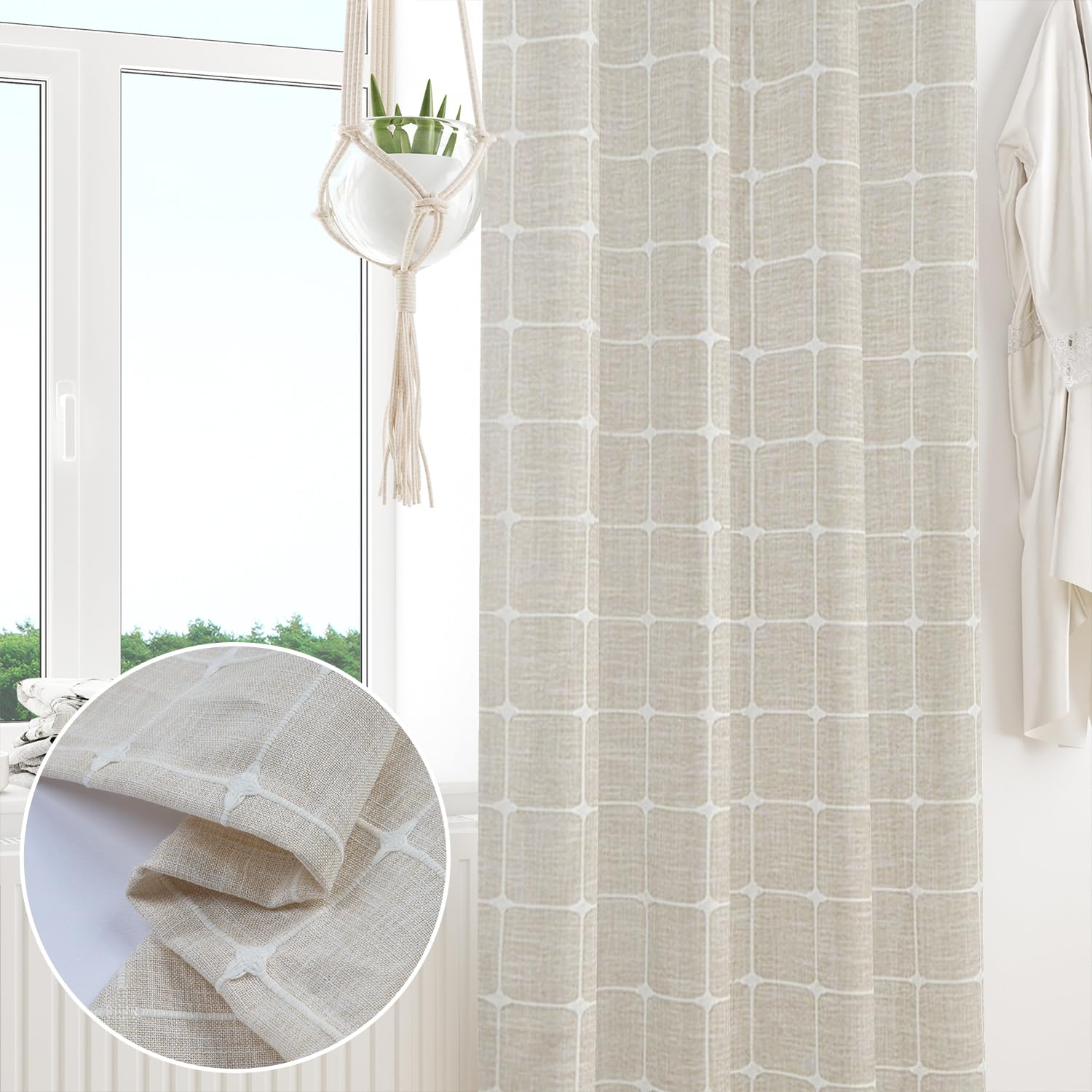 135x175cm Cortina de Bolsillo Bohemia Bordada Beige Cuadros,1 Panel | Suave Poliéster-Lino Estilo.Filtrante de luz.Bohemio Estilo rústico.Cortinas para Baño Comedor Baño y estar.Lavable a máquina