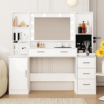 Dressing Table with Mirror and 10 LED Bulb Lights, Vanity Desk with Glass Top, Makeup Desk with Jewelry Organizer, 1 Large Cabinet, 4 Drawers, 4 Open Shelves for Bedroom, White